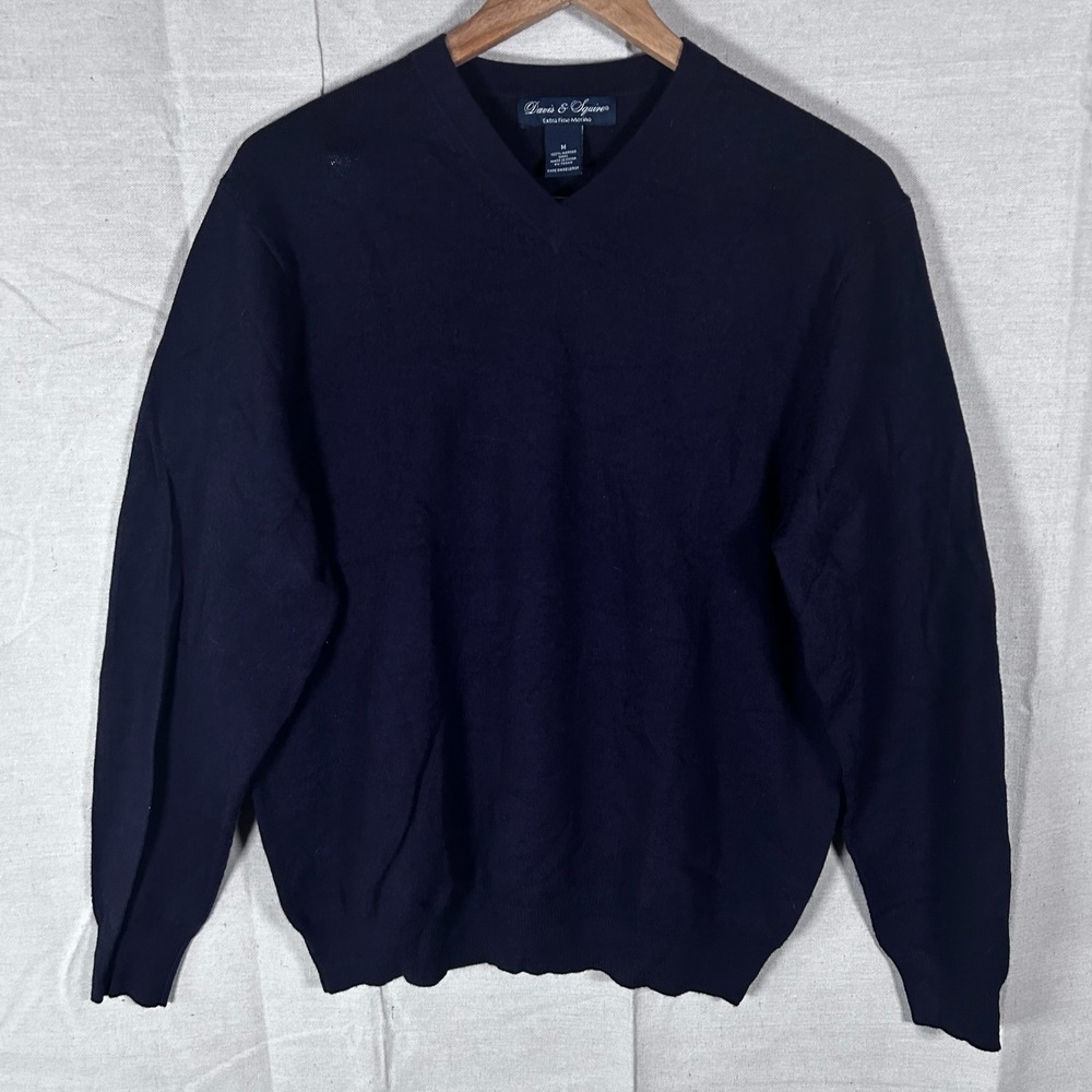 Davis & Squire Mens V-Neck Sweater Medium Navy Blue 100% Extra Fine Merino Wool